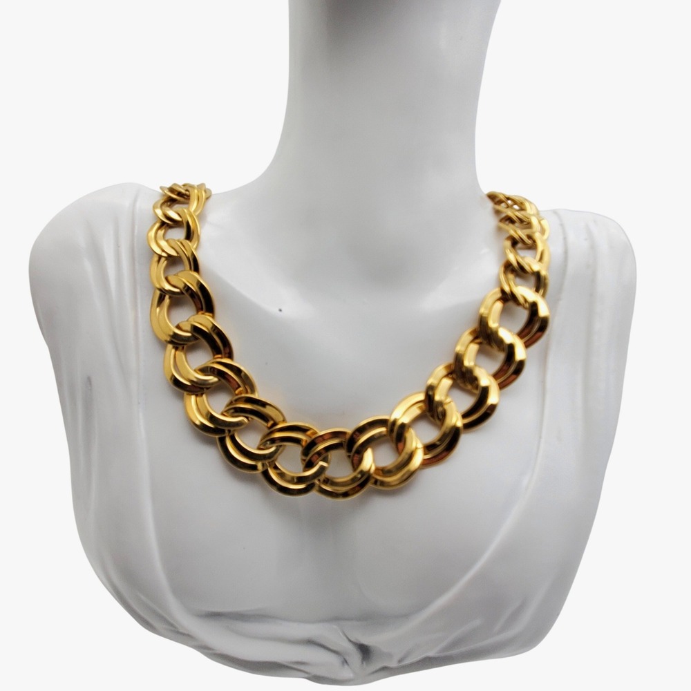 Gold Tone Double Link Necklace Graduated Chunky Statement‎ Bold Collar Vtg 1970s